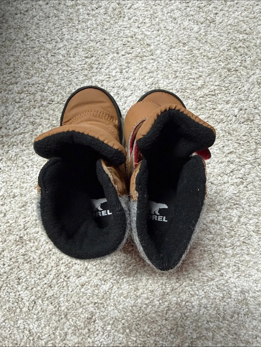 Sorel Kids Brown and Black Insulated Snow Boots with Red Accent